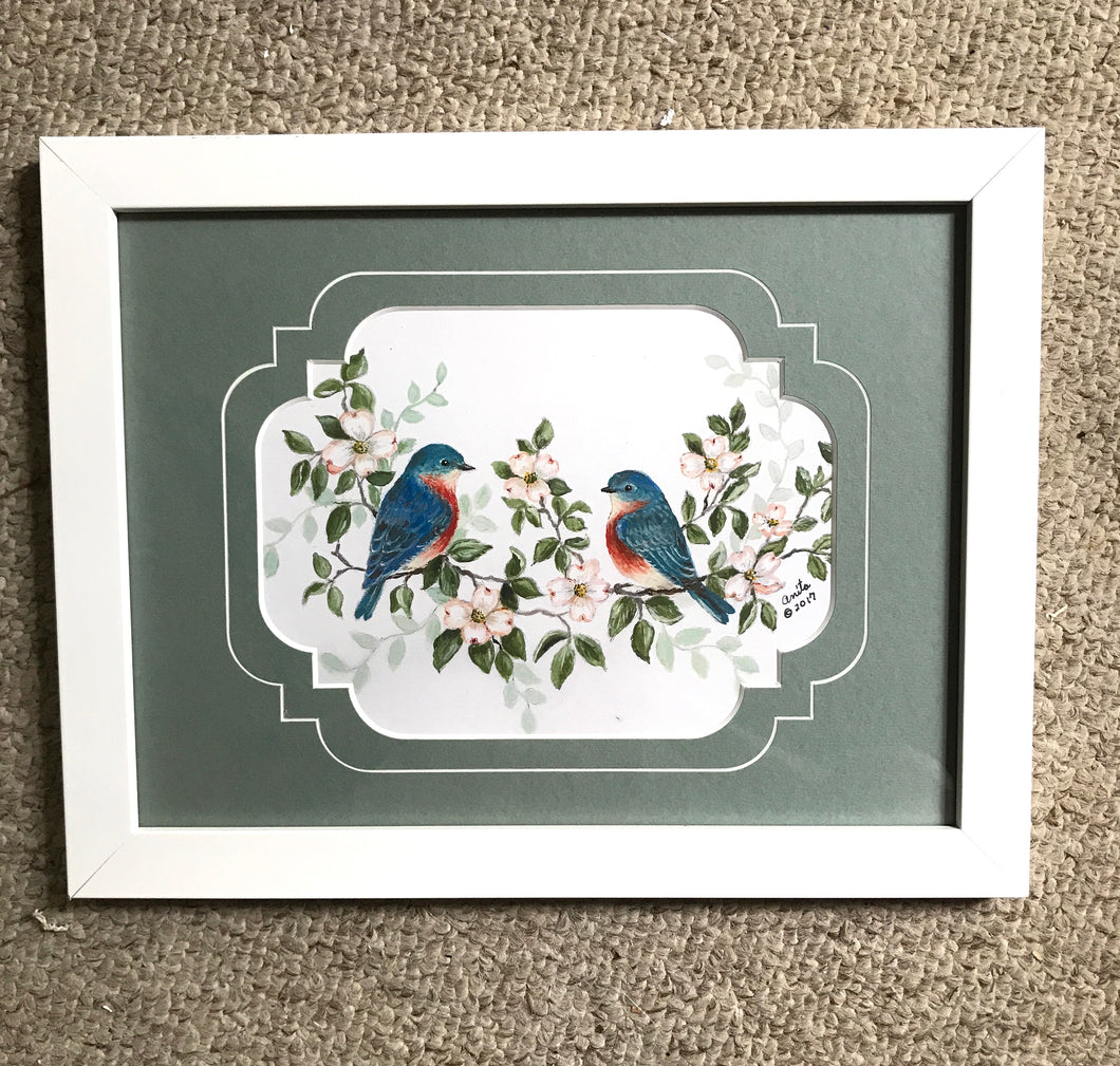 Blue birds in white frame 9x12