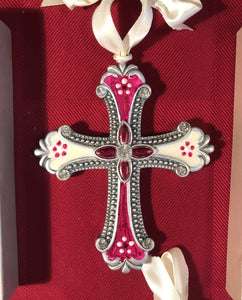Hand painted cross ornament wine, white with flowers