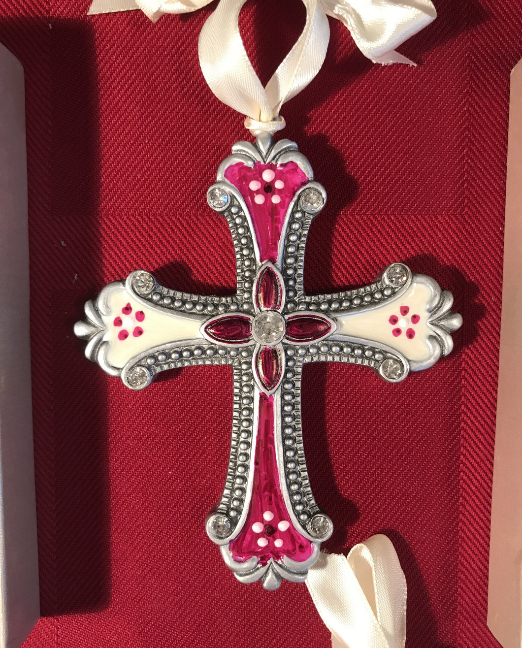 Hand painted cross ornament wine, white with flowers