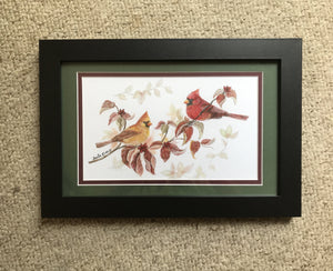 Cardinals matted in green with black frame