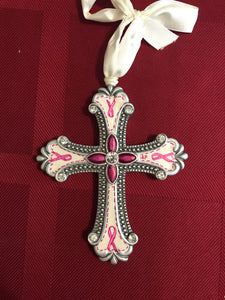 Hand painted cross, pink cancer ribbon
