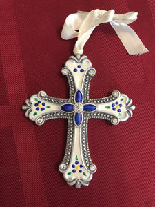 Hand painted cross with blue flowers