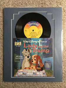 Ready to frame 11x14 vintage record and book. Lady and Tramp