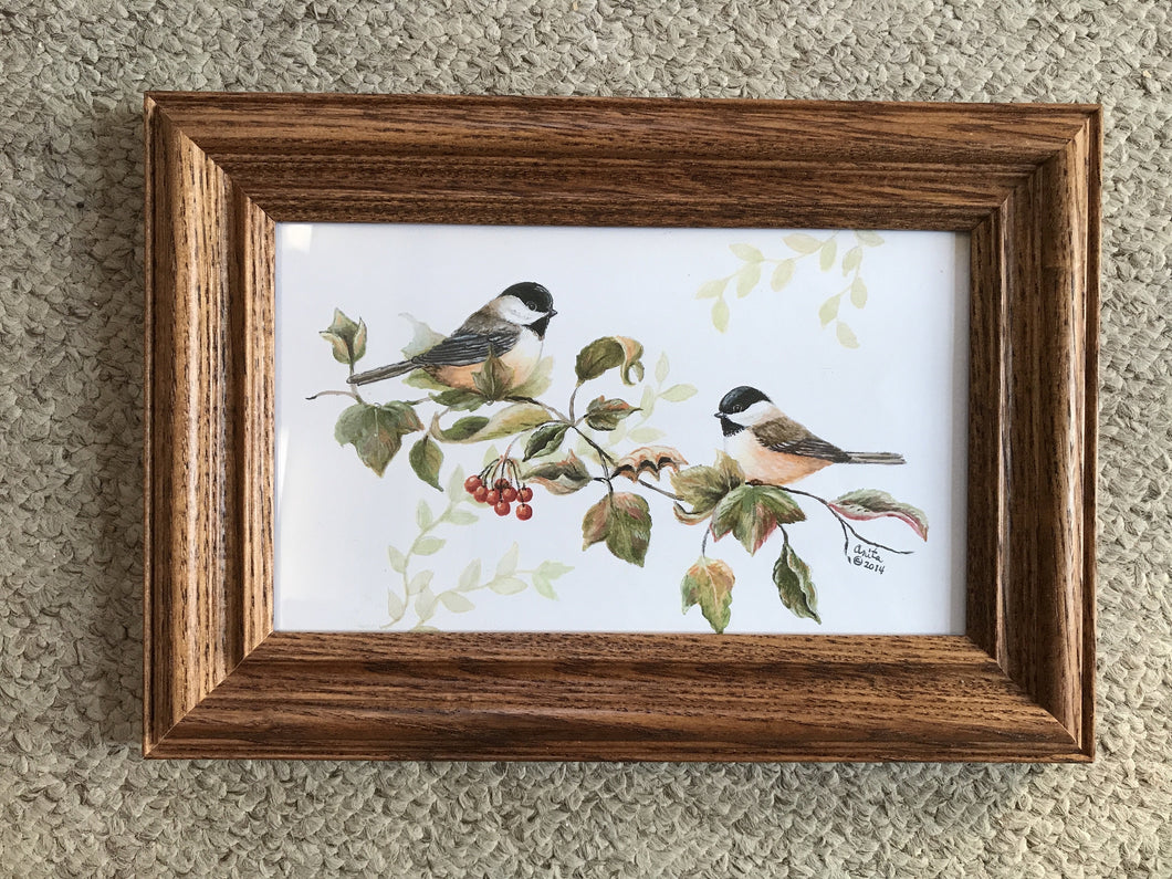 Chickadees in oak frame 9x13