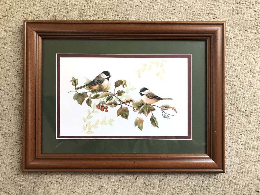 Matted and framed Chickadees 10x13”