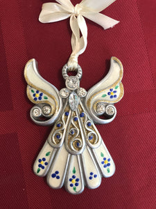 Hand painted angel with blue flowers and gold trim