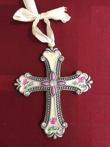 Hand painted cross with pink butterflies