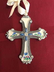 Hand painted cross with blue butterflies